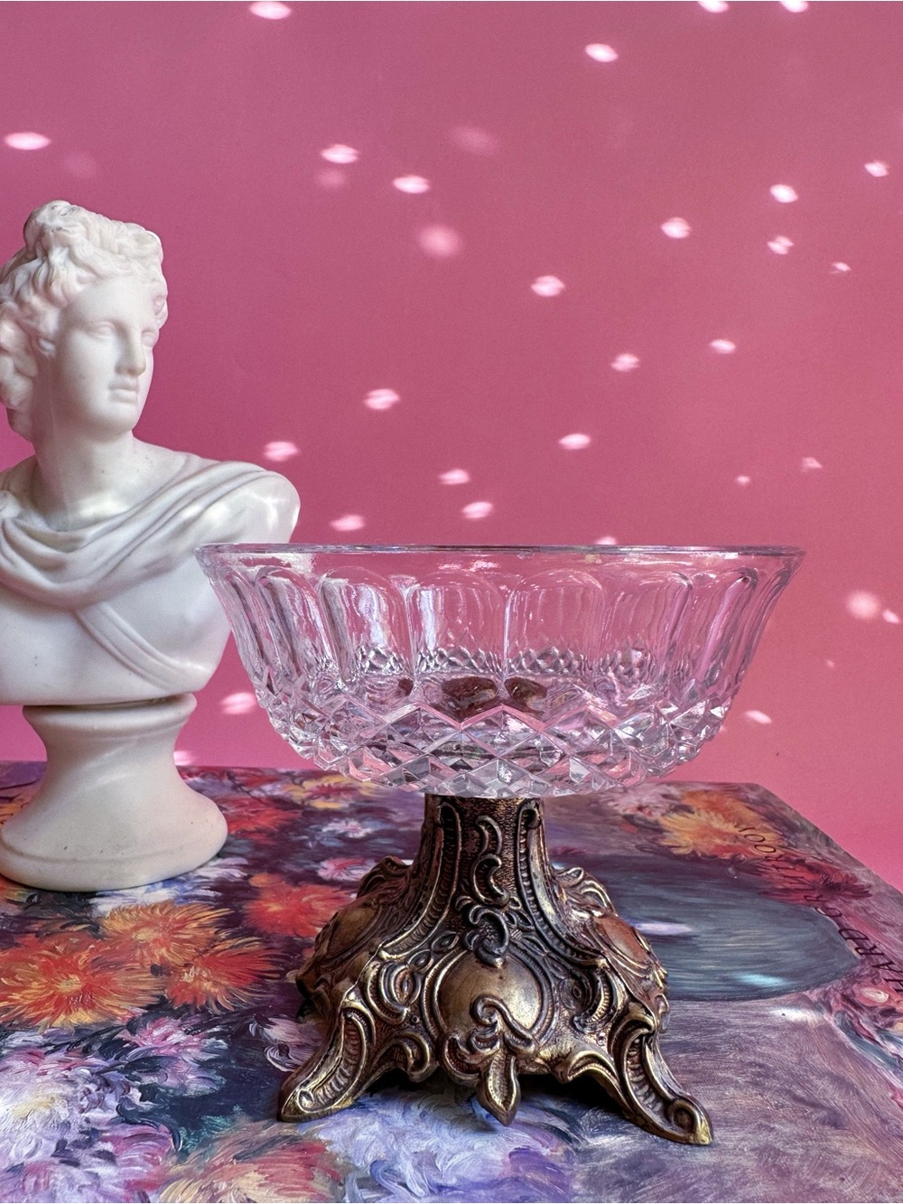 Vintage Small Cut Crystal Compote with Ornate Brass Base - Clear & Gold